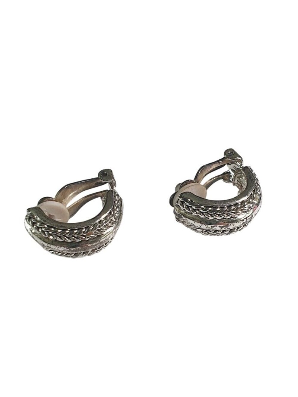 Silver Tone Clip On Hoop Earrings Intricate Braided Vintage Women Jewelry